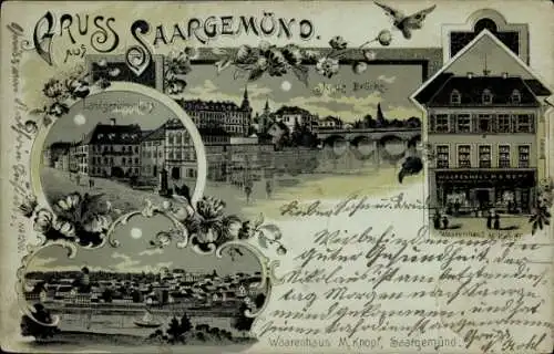 Mondschein Litho Saargemünd Sarreguemines Lothringen Moselle, Landgerichtsplatz, Neue Brücke