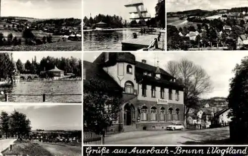 Ak Brunn Auerbach im Vogtland Sachsen, Gesamtansicht, Freibad, Ferienheim der GHG Berlin