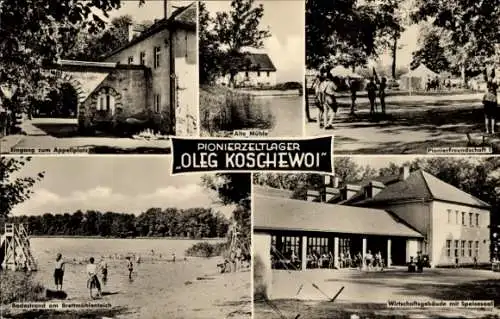 Ak Zschorna Großenhain Sachsen, Pionierzeltlager Oleg Koschewoi, Apellplatz, Alte Mühle, Strand