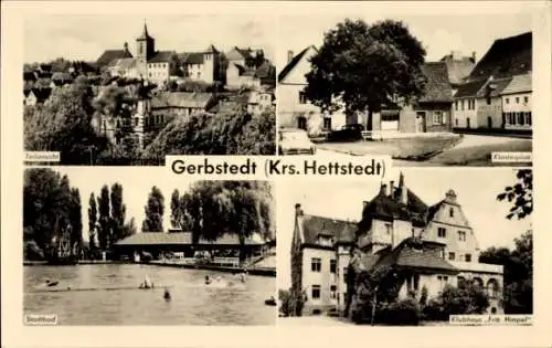 Ak Gerbstedt im Harzvorland, Teilansicht, Stadtbad, Klubhaus Fritz Himpel, Klosterplatz