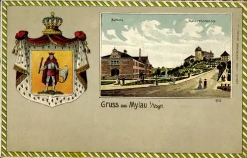 Präge Wappen Litho Mylau Vogtland, Schule und Kaiserschloss