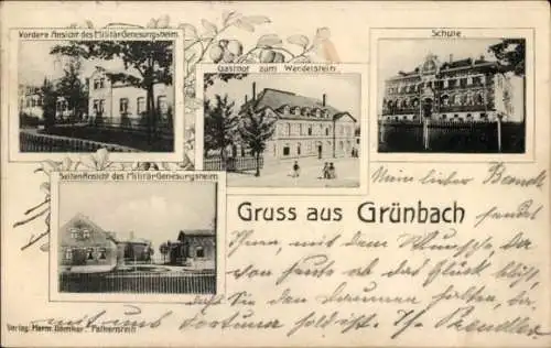 Ak Grünbach im Vogtland, Gasthof zum Wendelstein, Schule, Militärgenesungsheim