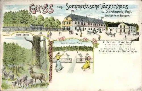 Litho Schöneck im Vogtland, Sommerfrische Tannenhaus, Waldidyll, Lawn-Tennisplatz