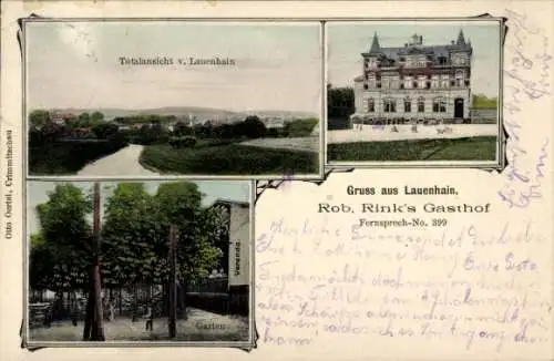 Ak Lauenhain Crimmitschau in Sachsen, Totalansicht, Rob. Rink´s Gasthof, Garten