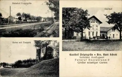 Ak Voigtsgrün Neuensalz Vogtland, Bahnhof, Gasthof Kurt Schott, Ruine mit Tierpark