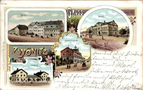 Litho Zwönitz im Erzgebirge Sachsen, Markt, Schule, Bahnhof, Kaiserliches Postamt