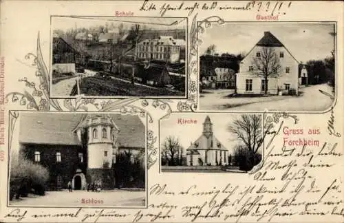 Ak Forchheim Pockau im Erzgebirge, Schule, Gasthof, Kirche, Schloss