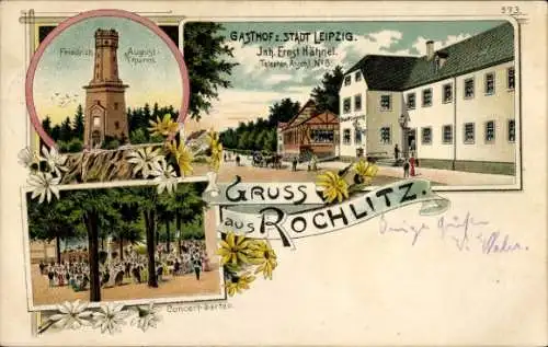 Litho Rochlitz an der Mulde, Gasthof zur Stadt Leipzig v. Ernst Hähnel, Friedrich August Turm