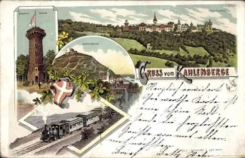 Litho Wien 19 Döbling Österreich, Kahlenberg, Stephanie Warte, Leopoldsberg, Dampflok