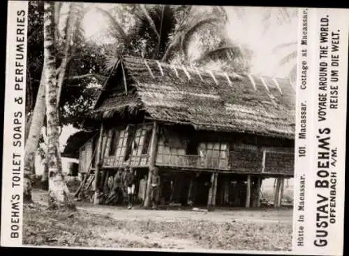 Foto Macassar Makassar Indonesien, Hütte unter Palmen, Reklame Gustav Boehm's Toilet Soaps