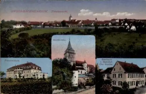 Ak Großsachsenheim Sachsenheim in Württemberg, Frauenschule, Stadtkirche, Gasthaus zum Bahnhof