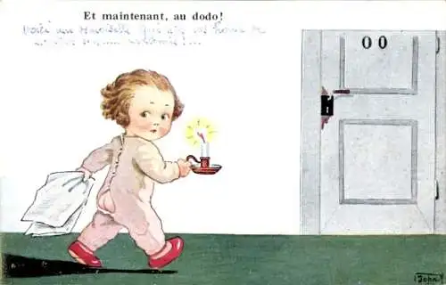 Künstler Ak Wills, John, Kind im Schlafanzug auf dem Weg zur Toilette