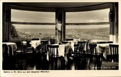 Ak Koblenz in Rheinland Pfalz, Blick aus dem Berghotel Rittersturz, Speiseraum