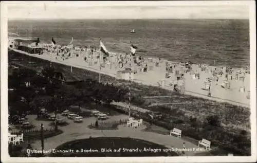 Ak Ostseebad Zinnowitz auf Usedom, Strand und Anlagen von Schwabes Hotel aus gesehen