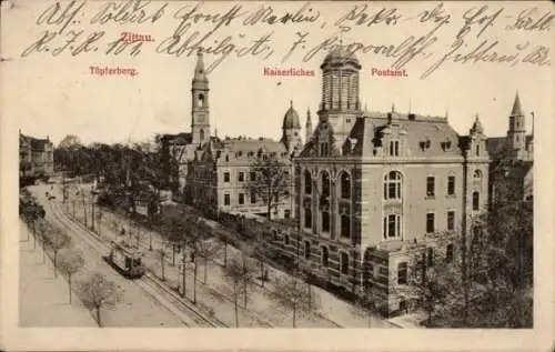Ak Zittau in Sachsen, kaiserliches Postamt, Straßenbahn, Töpferberg