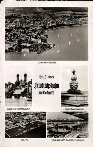 Ak Friedrichshafen am Bodensee, Gesamtansicht, Hafen, Blick von der Bahnhofsterrasse, Schlosskirche