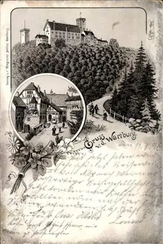 Litho Lutherstadt Eisenach in Thüringen, Aufstieg zur Wartburg, Burghof