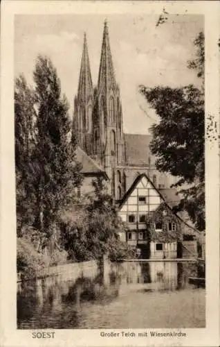 Ak Soest in Westfalen, großer Teich, Wiesenkirche