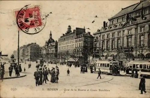 Ak Rouen Seine Maritime, Quai de la Bourse, Cours Boieldieu, Tramway