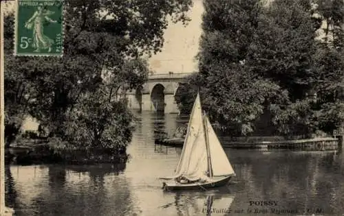 Ak Poissy Yvelines, Voilier sur le Bras Migneaux, Brücke