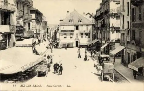 Ak Aix les Bains Savoie, Place Carnot, Geschäfte, Kutsche