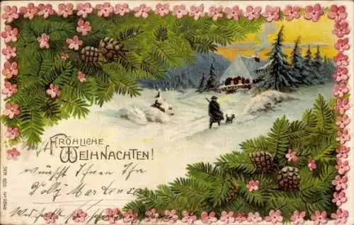 Präge Litho Glückwunsch Weihnachten, Winterlandschaft, Jäger