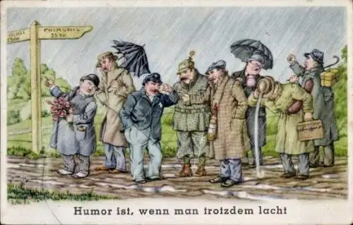 Ak Humor ist, wenn man trotzdem lacht, Männer im Regen an einem Wegweiser