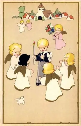 Ak Kommunion, Junge und Engel