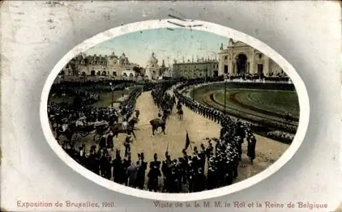 Passepartout Ak Brüssel Brüssel, Ausstellung 1910, Besuch des Königs und der Königin von Belgien