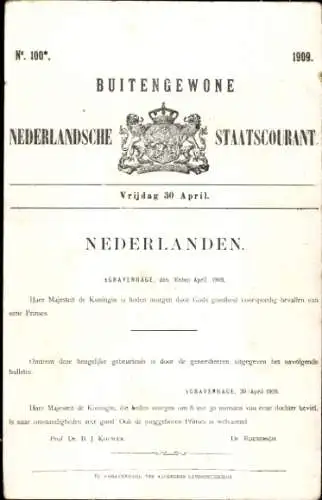 Ak Außerordentliches Amtsblatt der niederländischen Regierung, Niederlande, Gravenhage