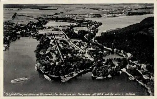 Ak Woltersdorf bei Berlin, Fliegeraufnahme, Woltersdorfer Schleuse am Flakensee, Bauern- u. Kalksee