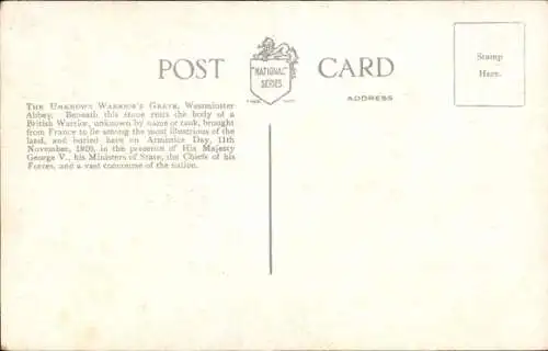 Ak City of Westminster, London, England, Westminster Abbey, Grab eines unbekannten Kriegers