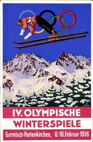 Künstler Ak Garmisch Partenkirchen in Oberbayern, Olympische Winterspiele 1936, Skisprung