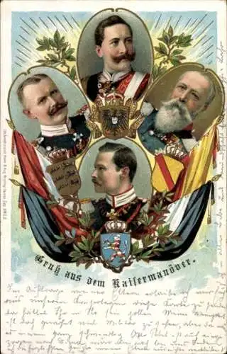 Litho Kaisermanöver, Kaiser Wilhelm II., Großherzog Friedrich von Baden, Ernst Ludwig von Hessen