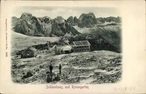 Relief Ak Völs am Schlern Fiè allo Sciliar Südtirol, Rifugio al Monte Pez, Schlernhaus, Rosengarten