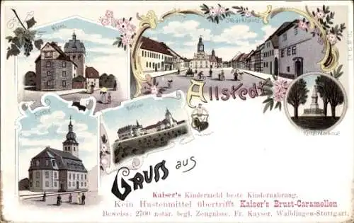 Litho Allstedt in Sachsen Anhalt, Schloss, Dom, Kirche, Marktplatz, Kriegerdenkmal, Wappen