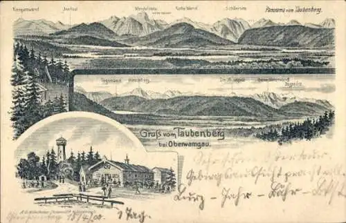 Litho Oberwarngau Warngau in Oberbayern, Taubenberg, Gasthof, Aussichtsturm, Wendelstein, Schliersee