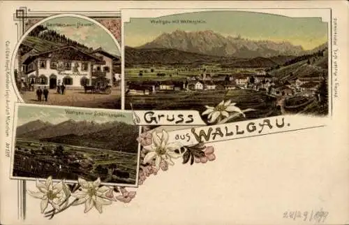 Litho Wallgau Oberbayern, Panorama, Wetterstein, Gasthaus zum Neuner, Schöttelkarspitze