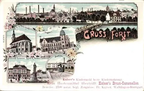 Litho Forst in der Lausitz, Gesamtansicht, Stadtbahn, Postamt, Kirche, Gymnasium, Bismarckdenkmal