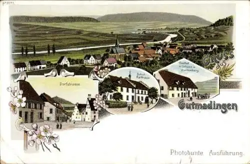 Litho Gutmadingen Geisingen im Kreis Tuttlingen, Gasthof zum Ochsen, Schule, Rathaus, Wartenberg