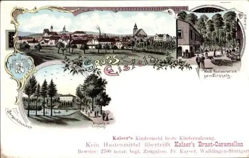 Wappen Litho Eisfeld in Thüringen, Waldrestauration zum Eichholz, Bergschlösschen, Panorama