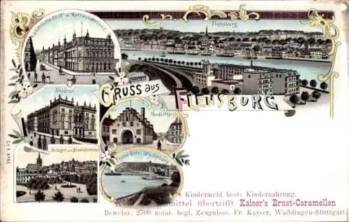 Litho Flensburg in Schleswig Holstein, Post und Rathausstraße, Theater, Strandhotel Glücksburg