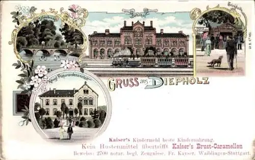 Litho Diepholz in Niedersachsen, Bahnhof, Trinkhalle, Kgl. Präparandenanstalt, Lohnebrücke