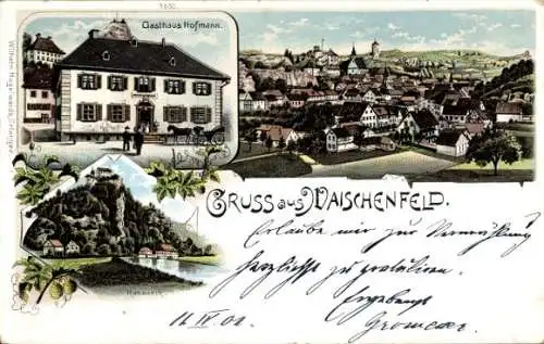 Litho Waischenfeld in der Fränkischen Schweiz Bayern, Gesamtansicht, Rabeneck, Gasthaus Hofmann