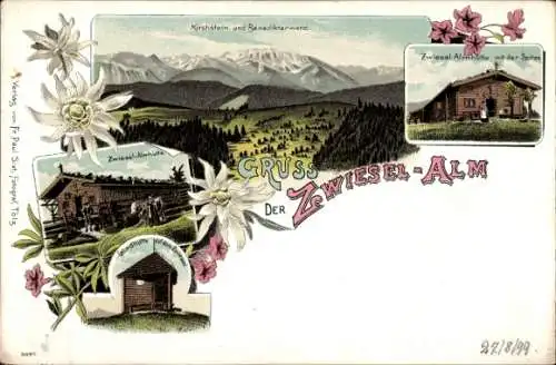 Litho Bad Reichenhall in Oberbayern, Zwieselalm, Almhütte, Kirchstein, Benediktenwand, Windhütte