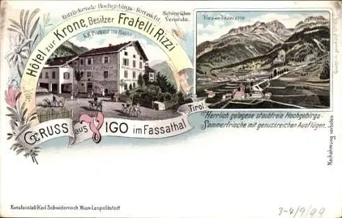 Litho Vigo di Fassa Trentino Südtirol, Hotel zur Krone, Postamt, Panorama, Vajoletto