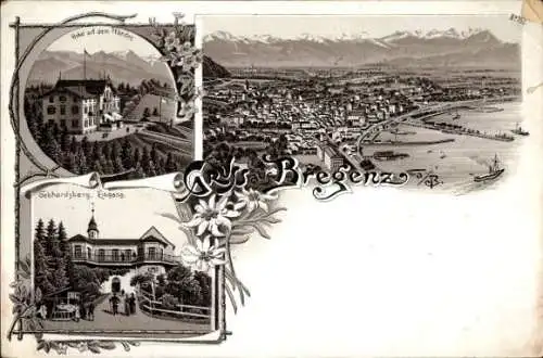 Litho Bregenz am Bodensee Vorarlberg, Panorama, Hotel auf dem Pfänder, Gebhardsberg