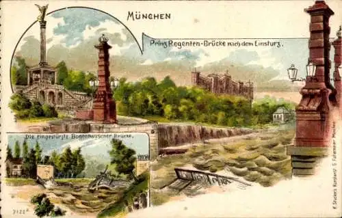 Litho München, Prinzregenten-Brücke nach dem Einsturz, eingestürzte Bogenhausener Brücke