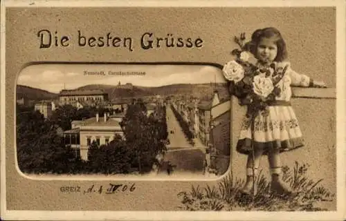 Passepartout Ak Greiz in Thüringen, Neustadt, Carolinenstraße, Mädchen mit Blumen