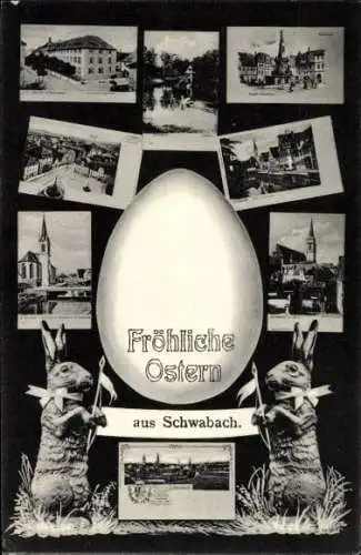 Ak Schwabach in Mittelfranken Bayern, Teilansichten, Kirche, Frohe Ostern, Osterhasen, Osterei